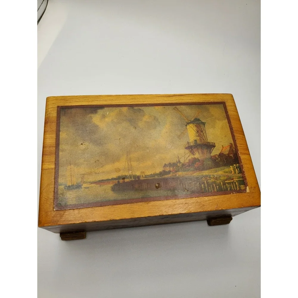 Vintage Wooden Jewelry Trinket Box Hinged Overlay 9 x 5 Inches Footed Holland